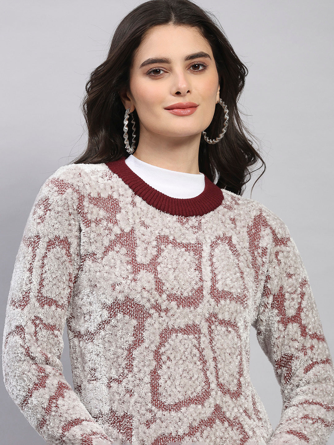 Women Maroon Self Design Round Neck Full Sleeve Winter Top
