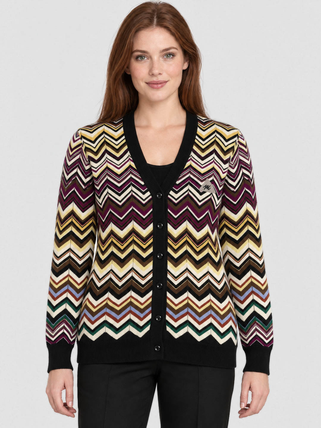 Women Black Jacquard V Neck Full Sleeve Cardigan