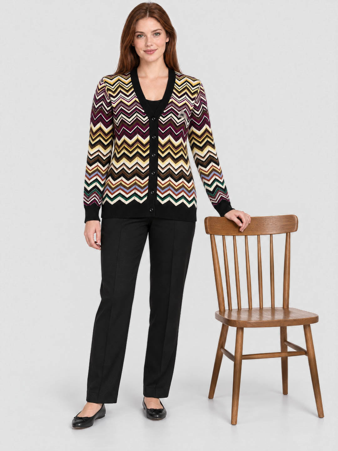 Women Black Jacquard V Neck Full Sleeve Cardigan