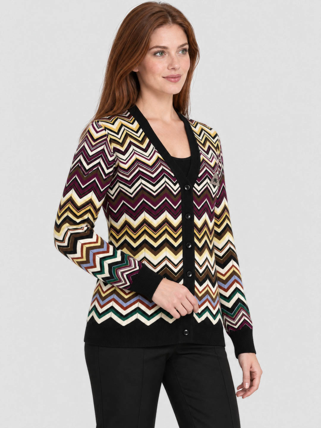 Women Black Jacquard V Neck Full Sleeve Cardigan