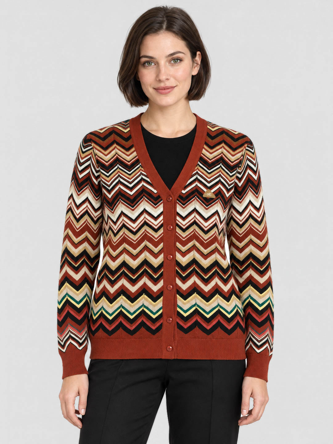 Women Rust Jacquard V Neck Full Sleeve Cardigan