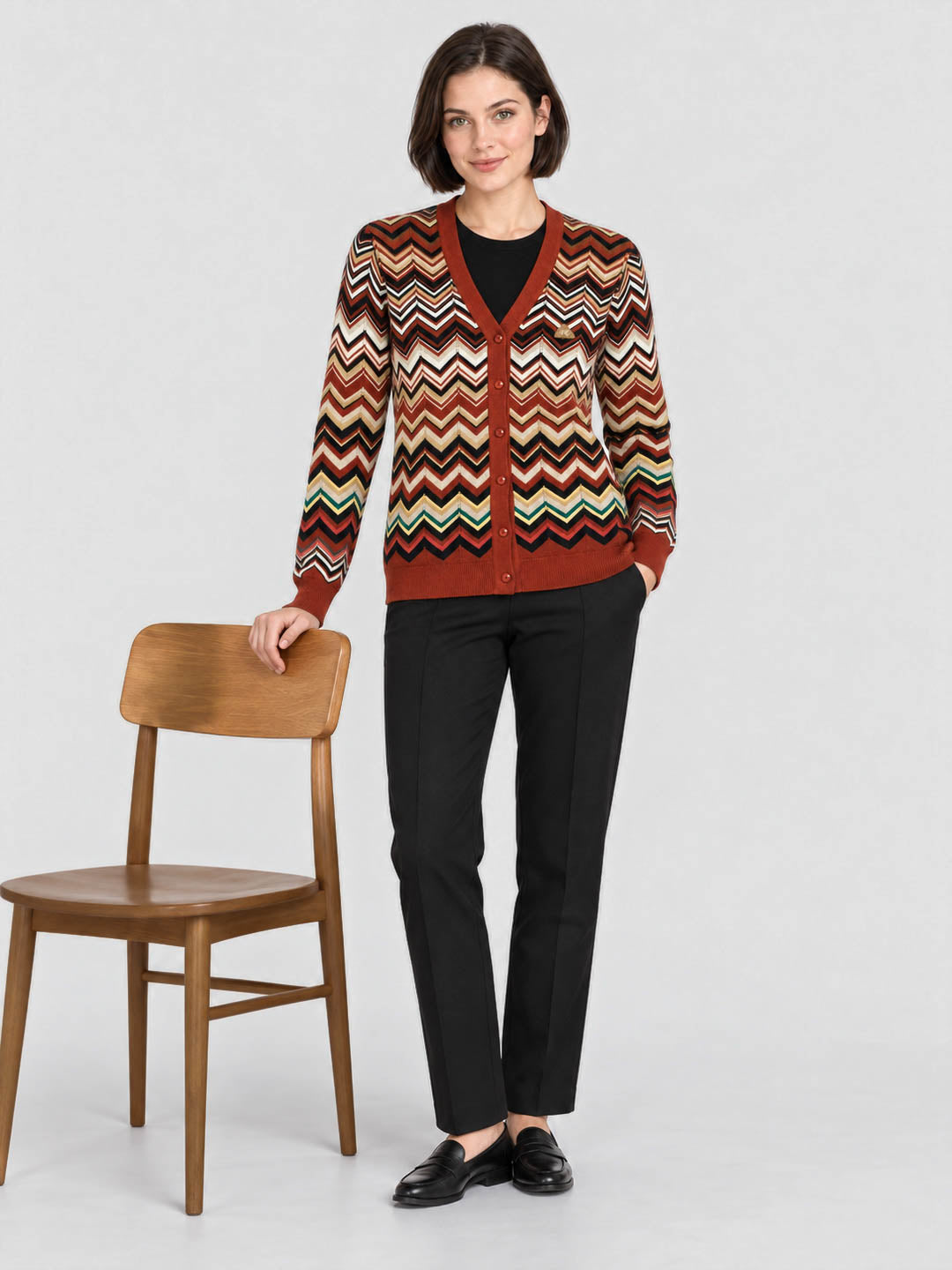 Women Rust Jacquard V Neck Full Sleeve Cardigan