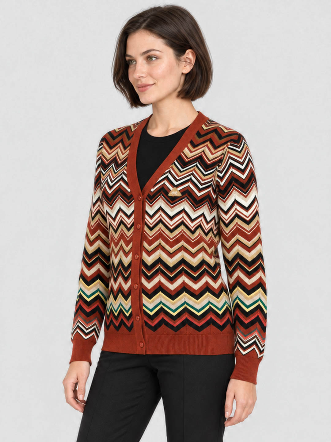 Women Rust Jacquard V Neck Full Sleeve Cardigan