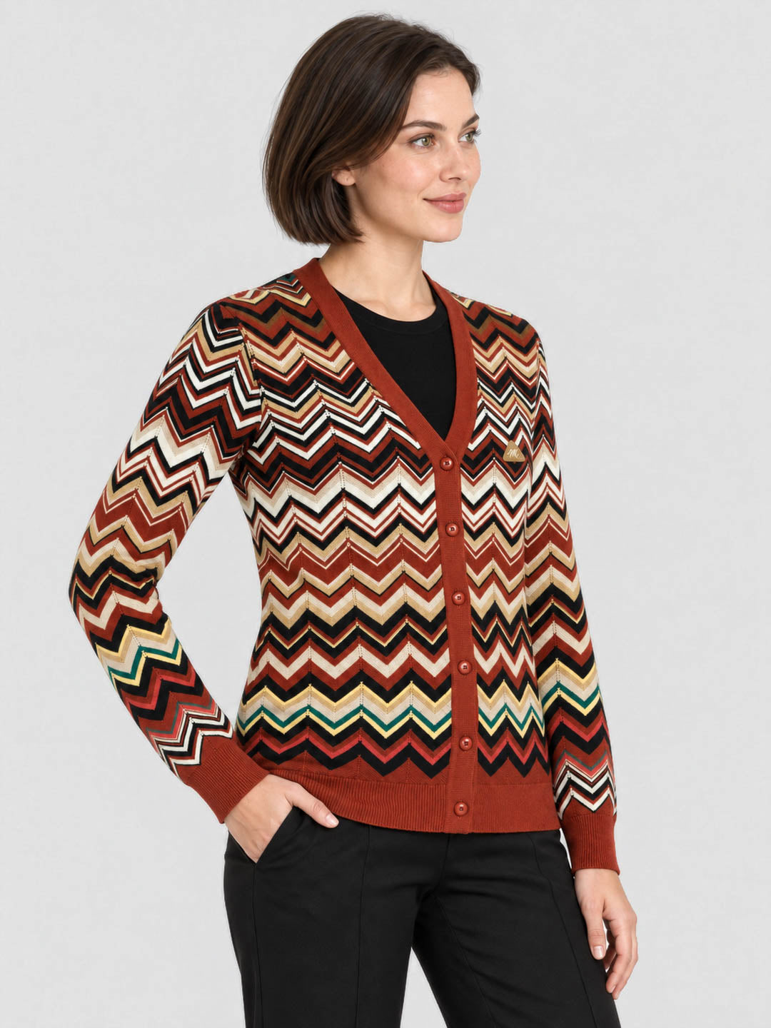 Women Rust Jacquard V Neck Full Sleeve Cardigan