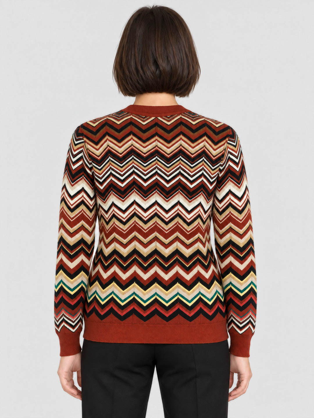 Women Rust Jacquard V Neck Full Sleeve Cardigan