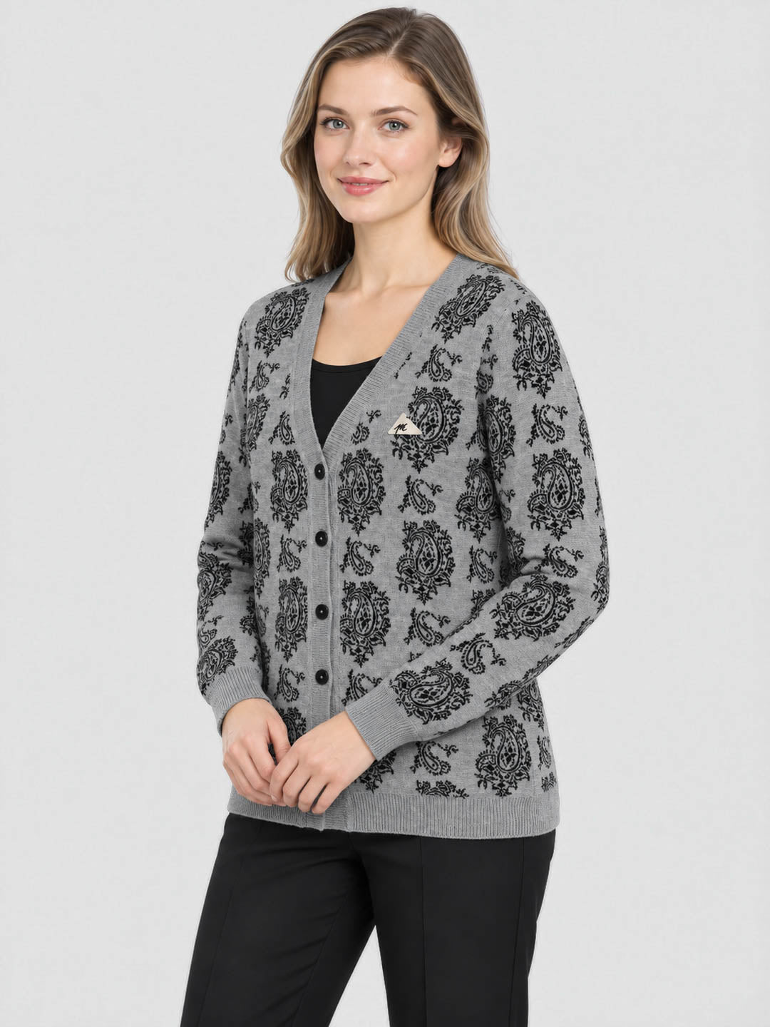 Women Grey Jacquard V Neck Full Sleeve Cardigan