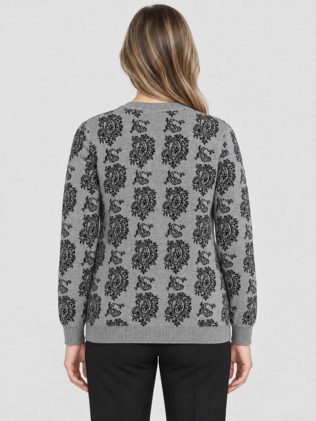 Women Grey Jacquard V Neck Full Sleeve Cardigan