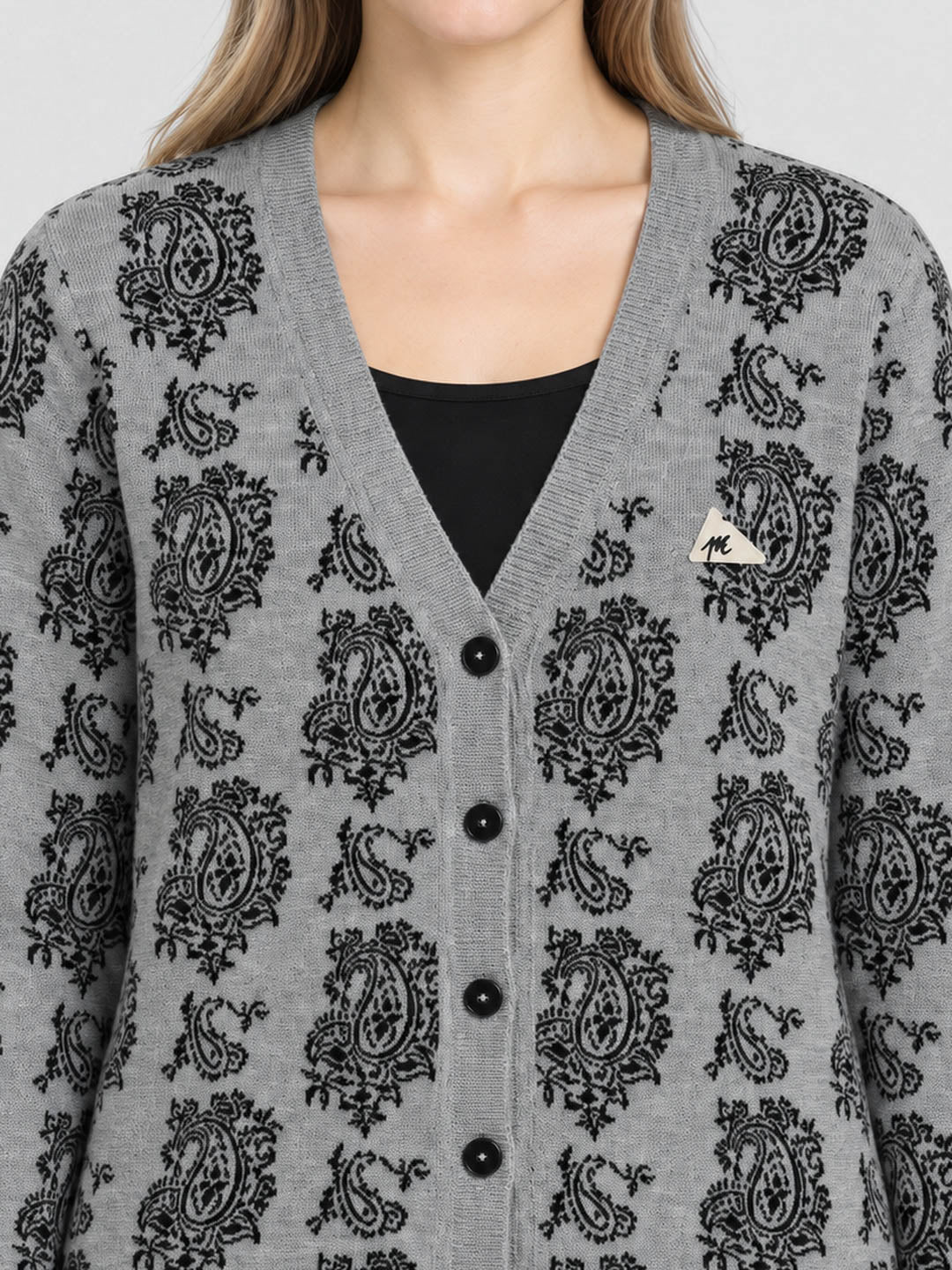 Women Grey Jacquard V Neck Full Sleeve Cardigan