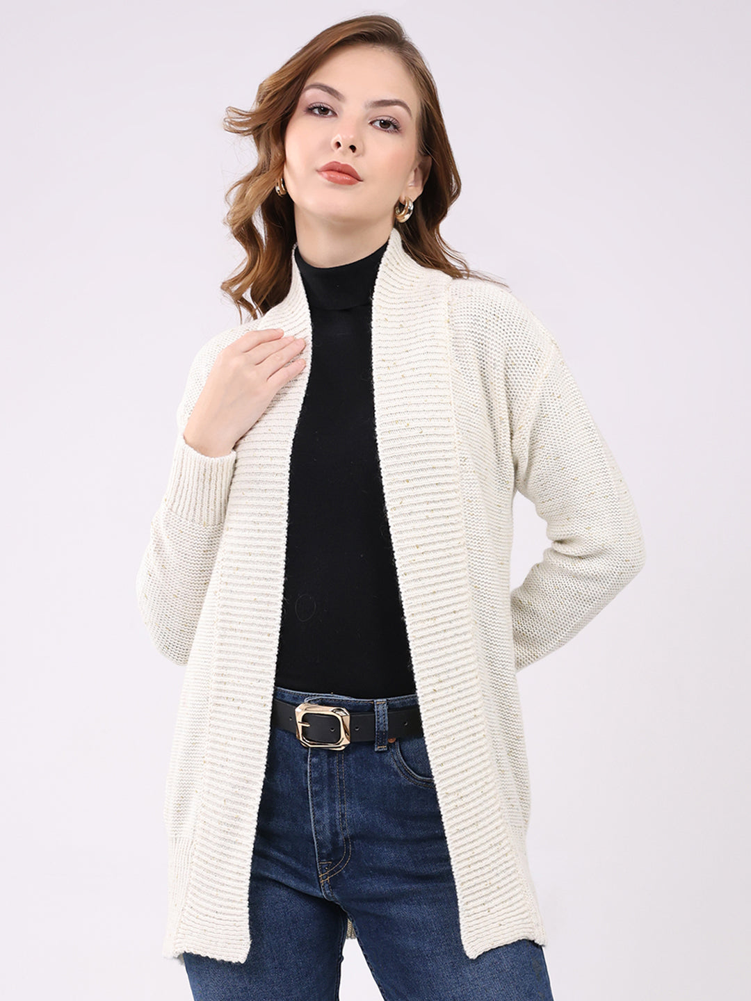 Women Off White Self Design Collar Full Sleeve Cardigan