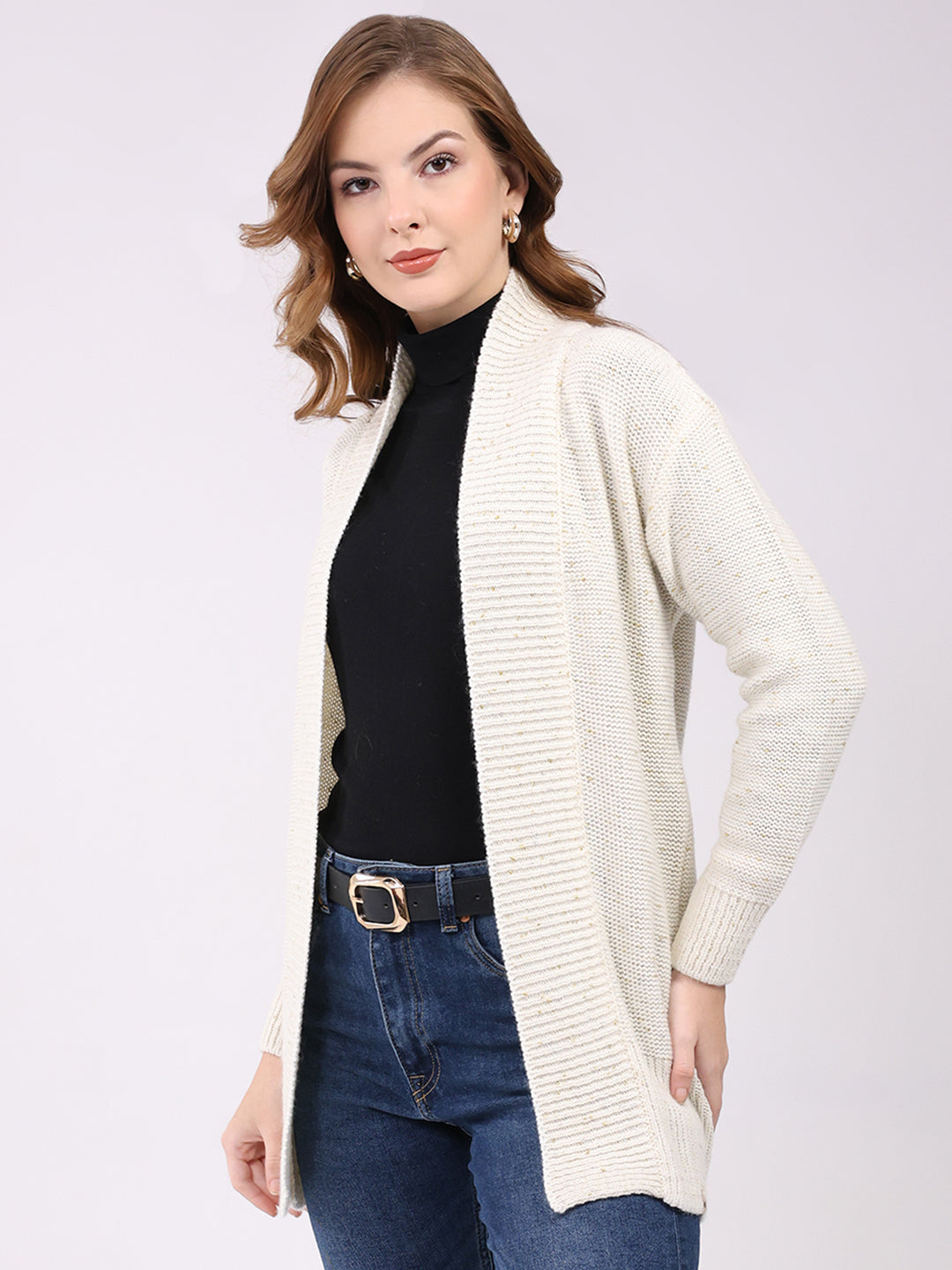 Women Off White Self Design Collar Full Sleeve Cardigan
