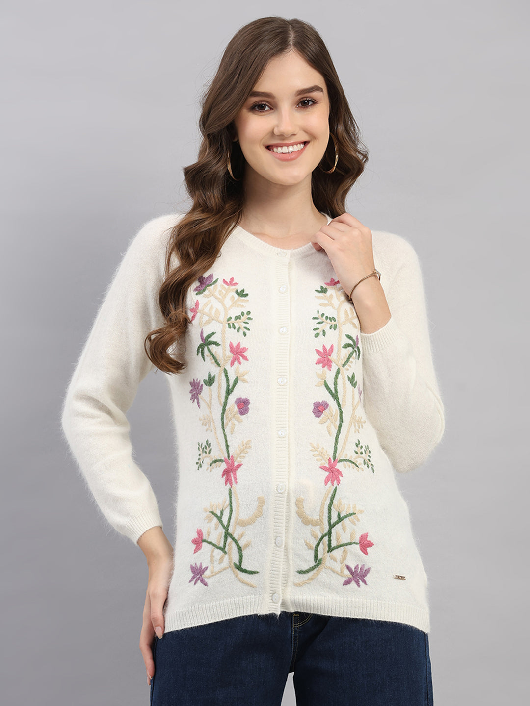 Women Off White Self Design Round Neck Full Sleeve Cardigan