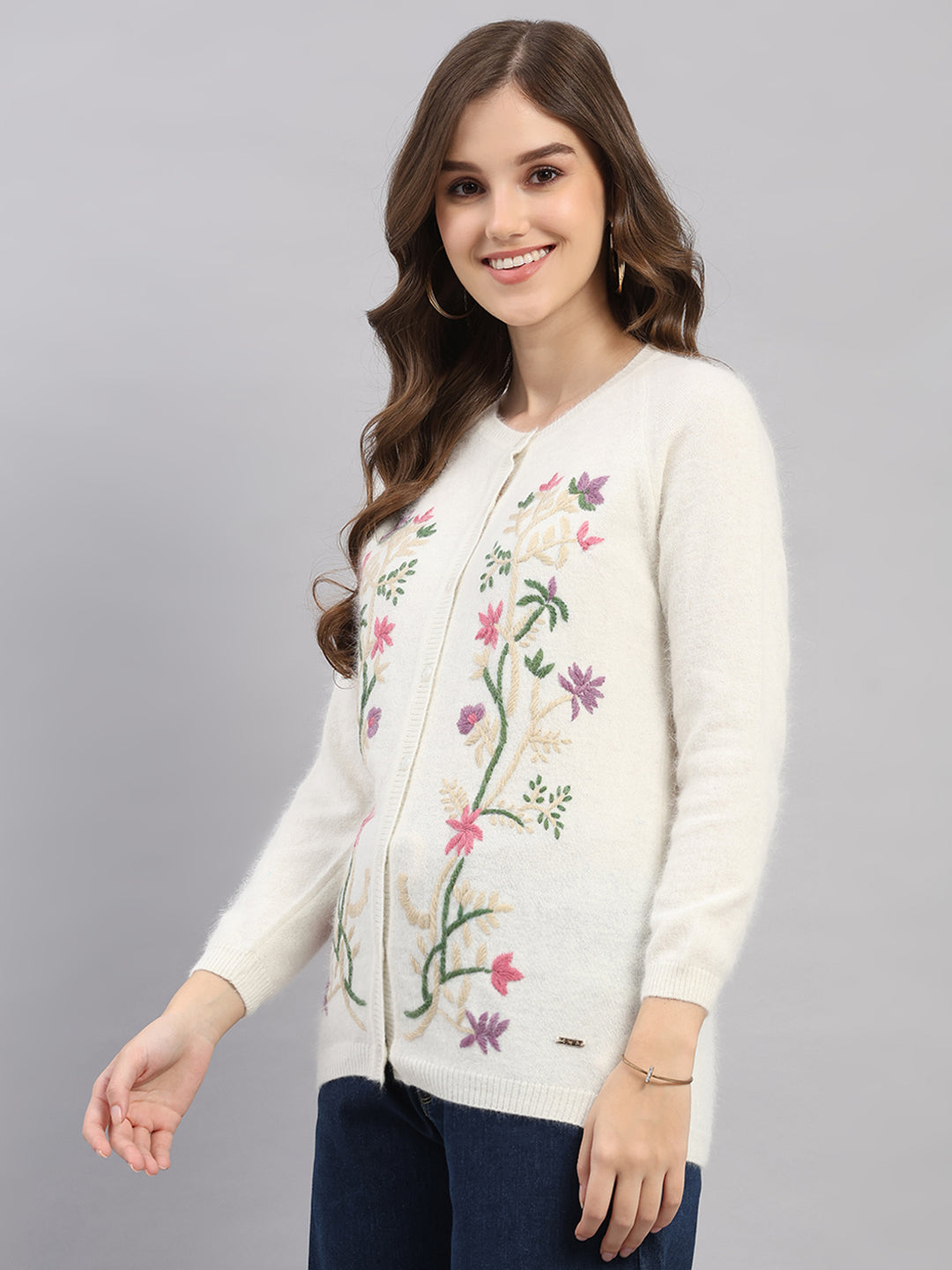 Women Off White Self Design Round Neck Full Sleeve Cardigan