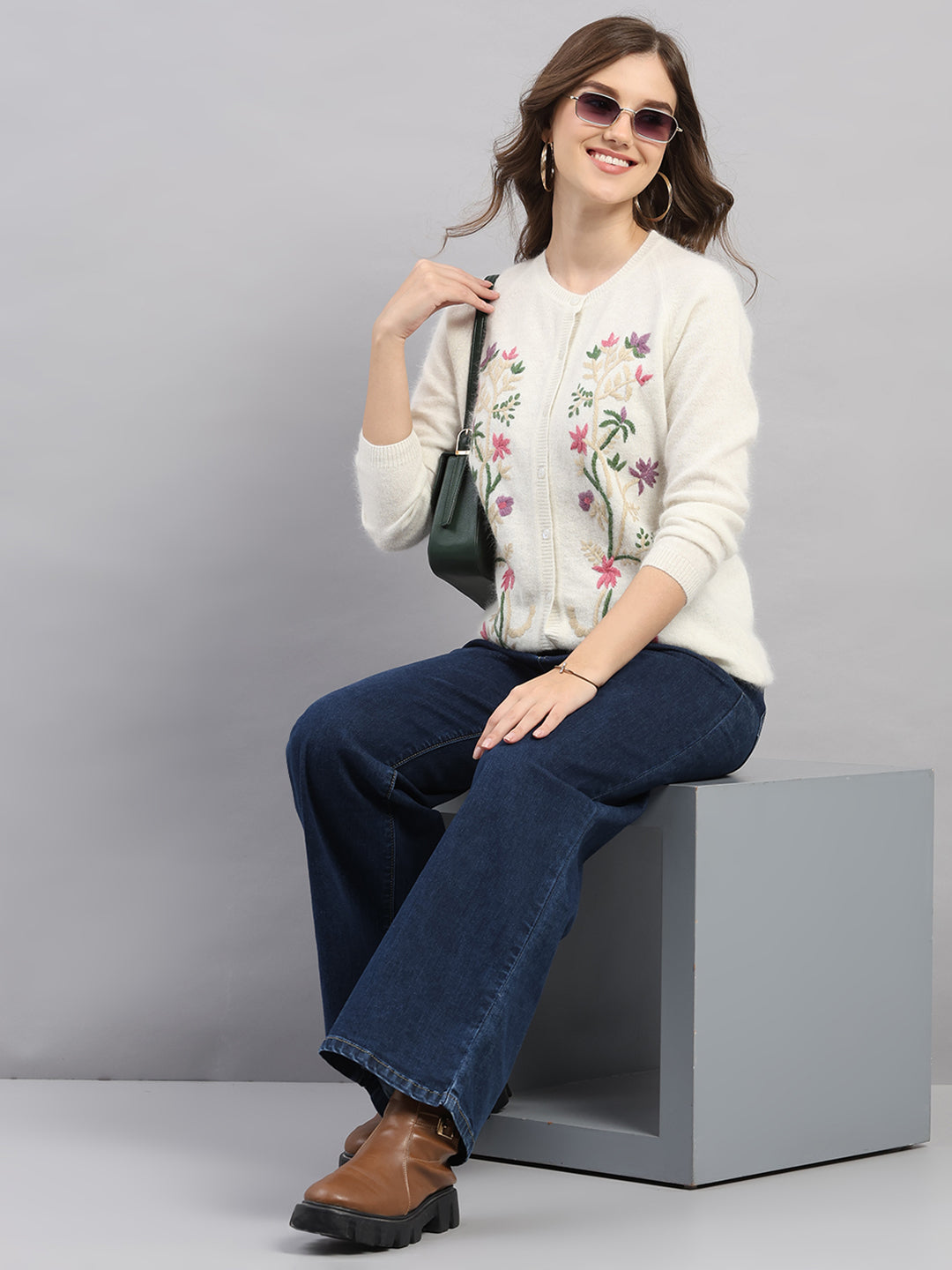 Women Off White Self Design Round Neck Full Sleeve Cardigan