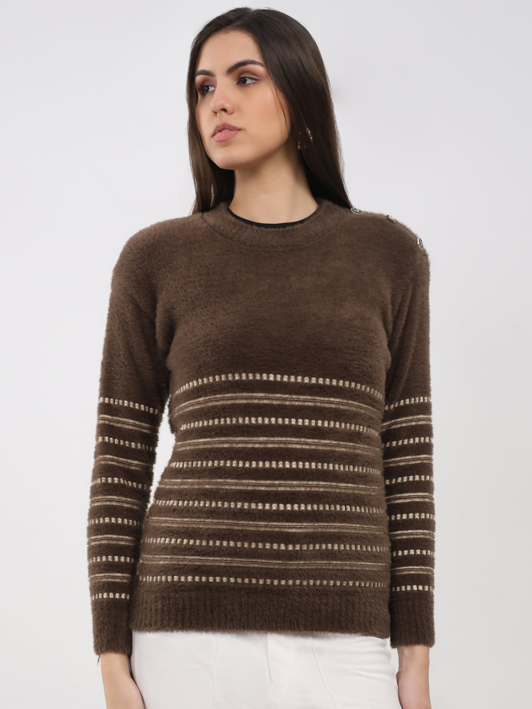 Women Brown Printed Round Neck Full Sleeve Winter Top