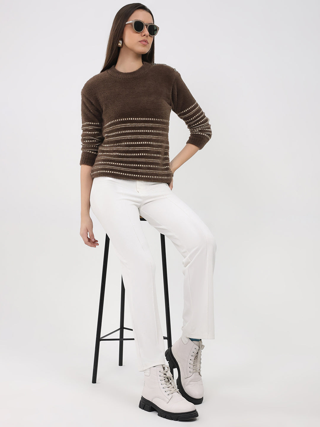 Women Brown Printed Round Neck Full Sleeve Winter Top