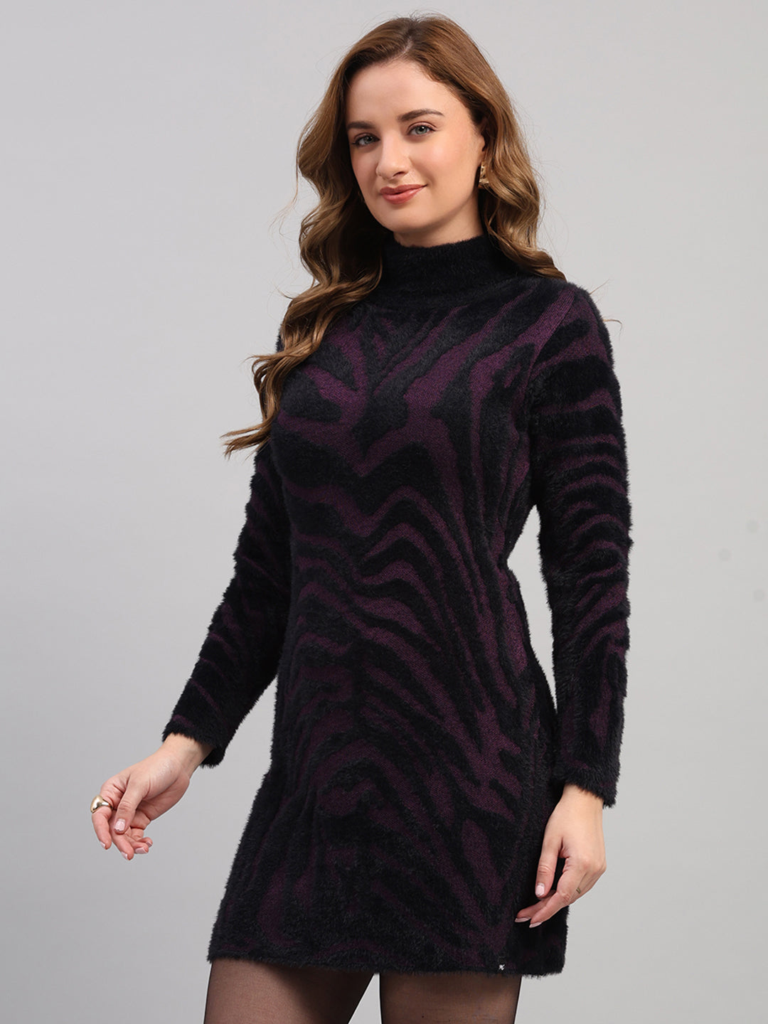 Women Black Self Design High Neck Full Sleeve Winter Top
