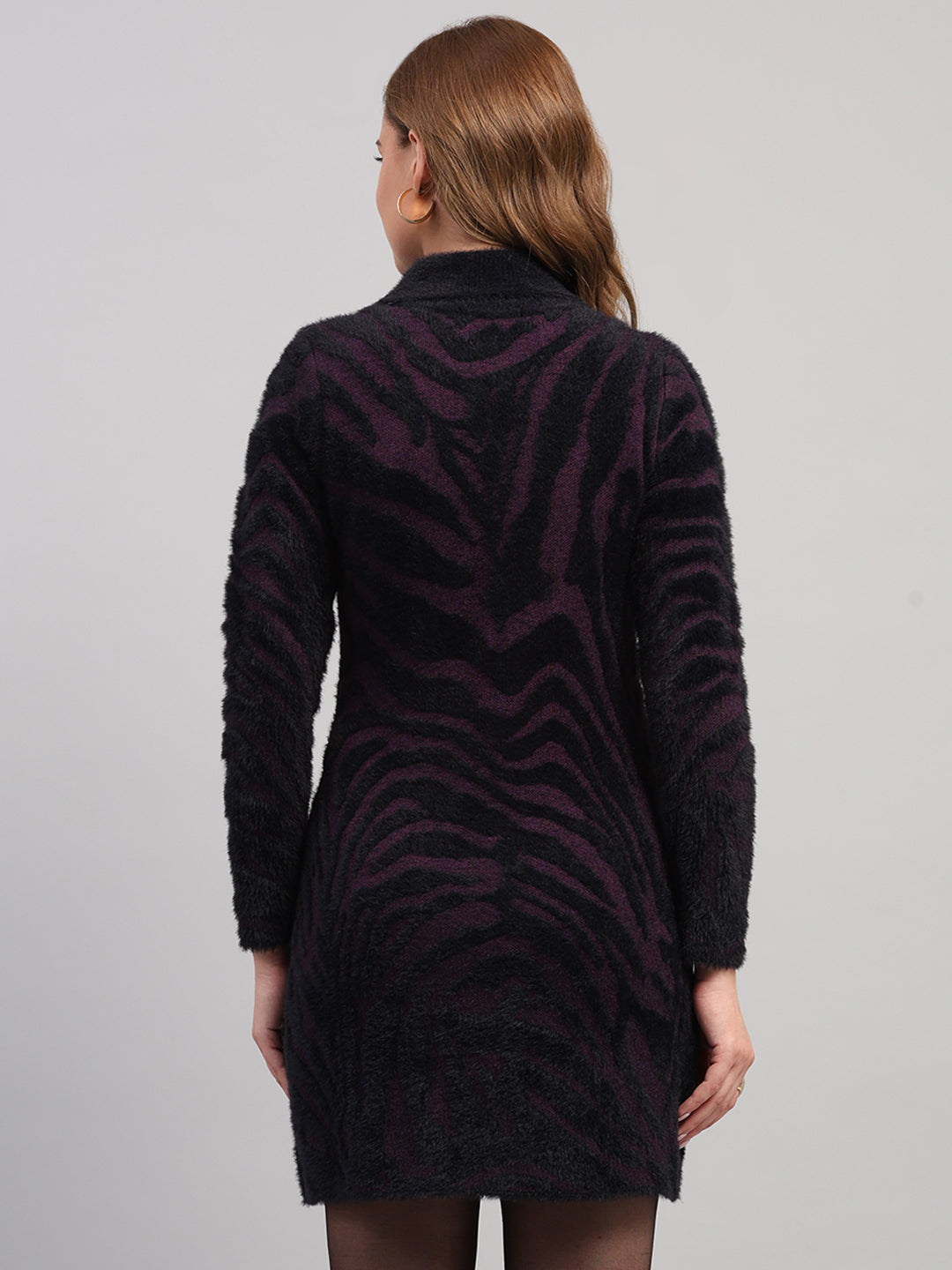 Women Black Self Design High Neck Full Sleeve Winter Top