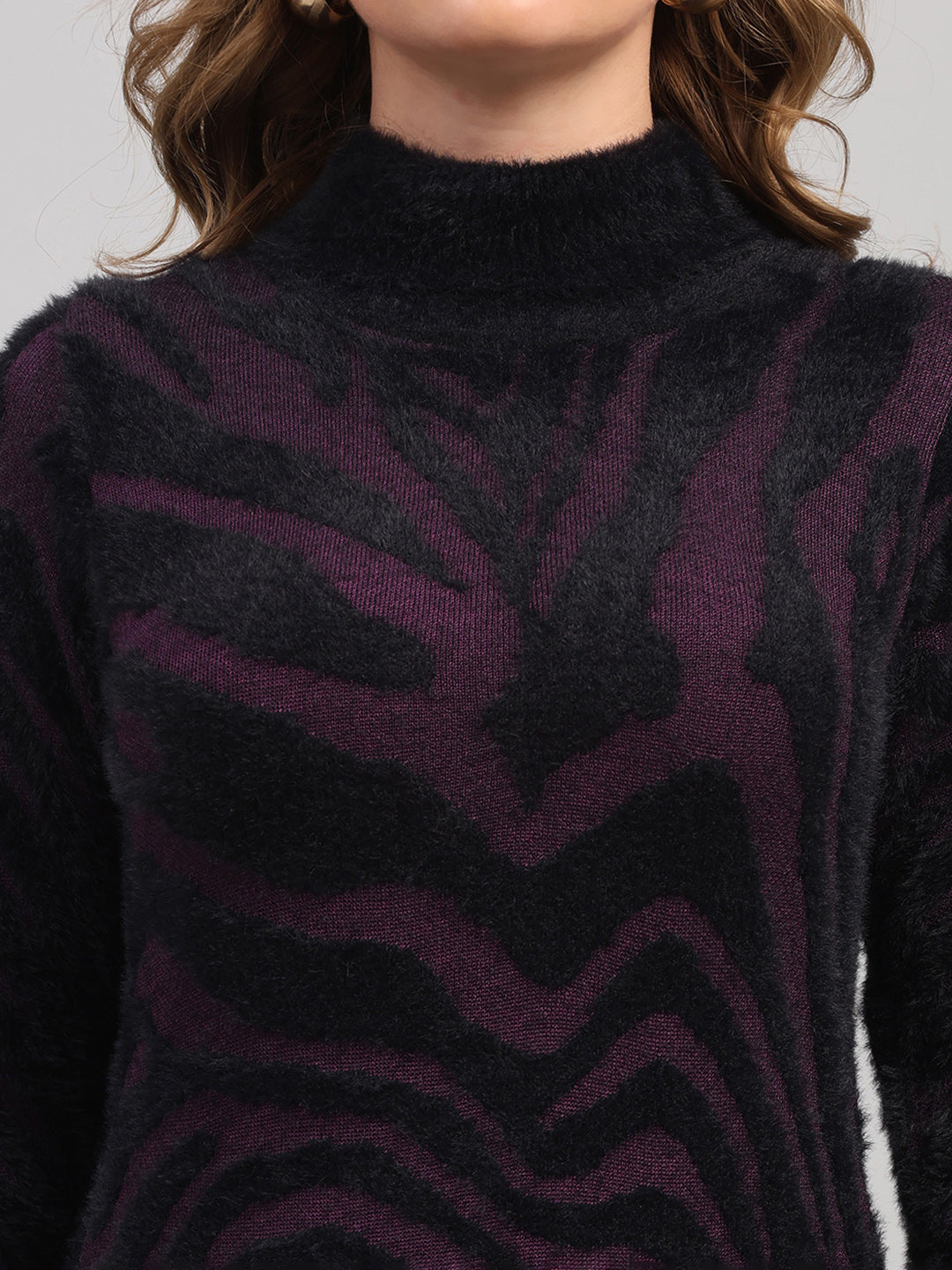 Women Black Self Design High Neck Full Sleeve Winter Top