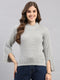 Women Grey Self Design Round Neck Full Sleeve Winter Top