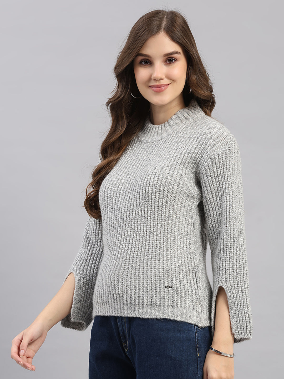 Women Grey Self Design Round Neck Full Sleeve Winter Top