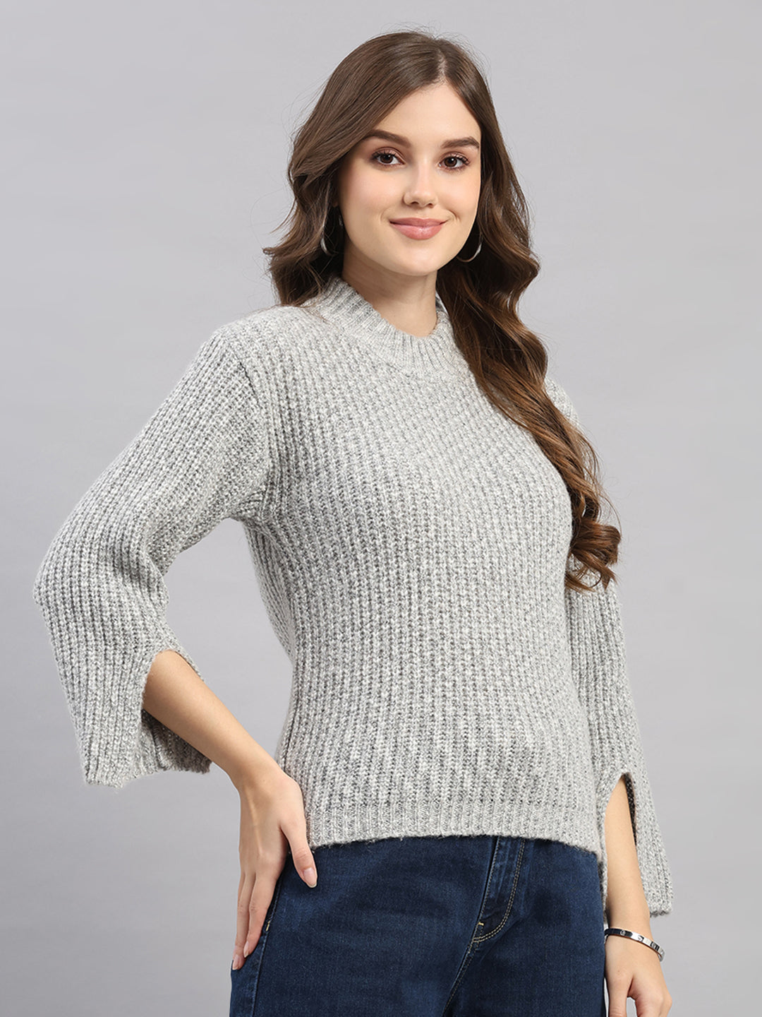 Women Grey Self Design Round Neck Full Sleeve Winter Top