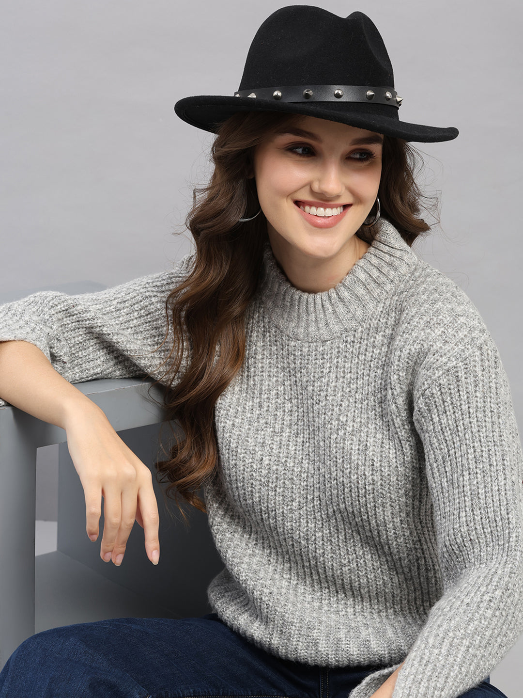 Women Grey Self Design Round Neck Full Sleeve Winter Top