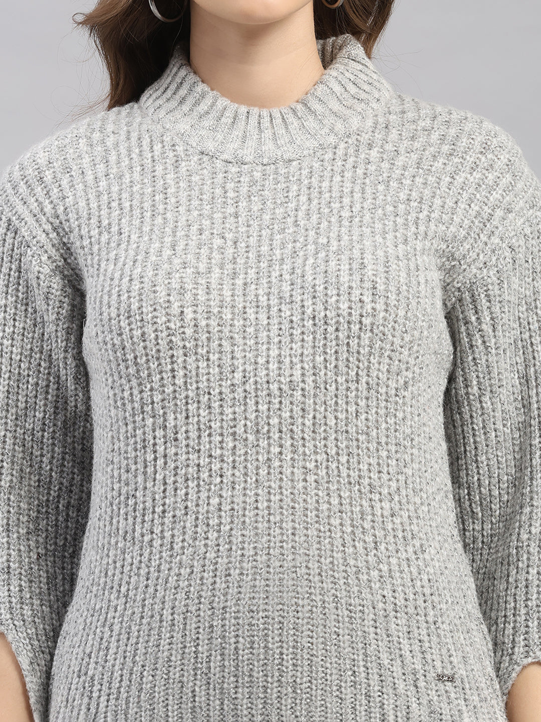 Women Grey Self Design Round Neck Full Sleeve Winter Top