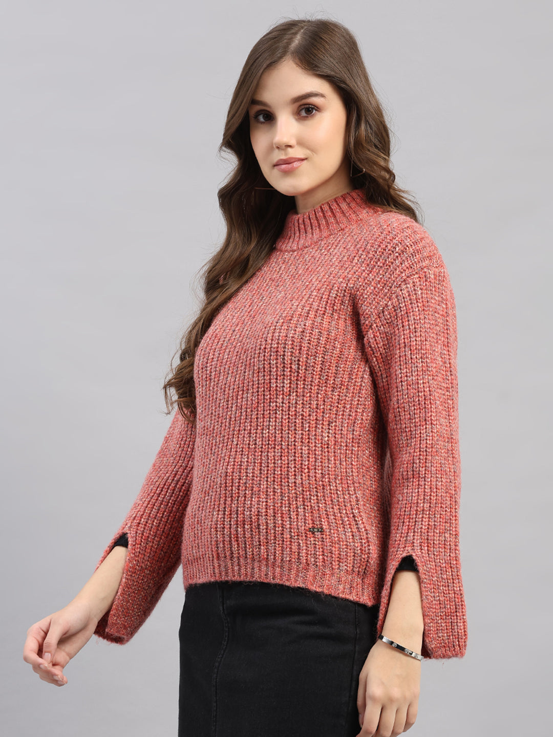 Women Pink Self Design Round Neck Full Sleeve Winter Top