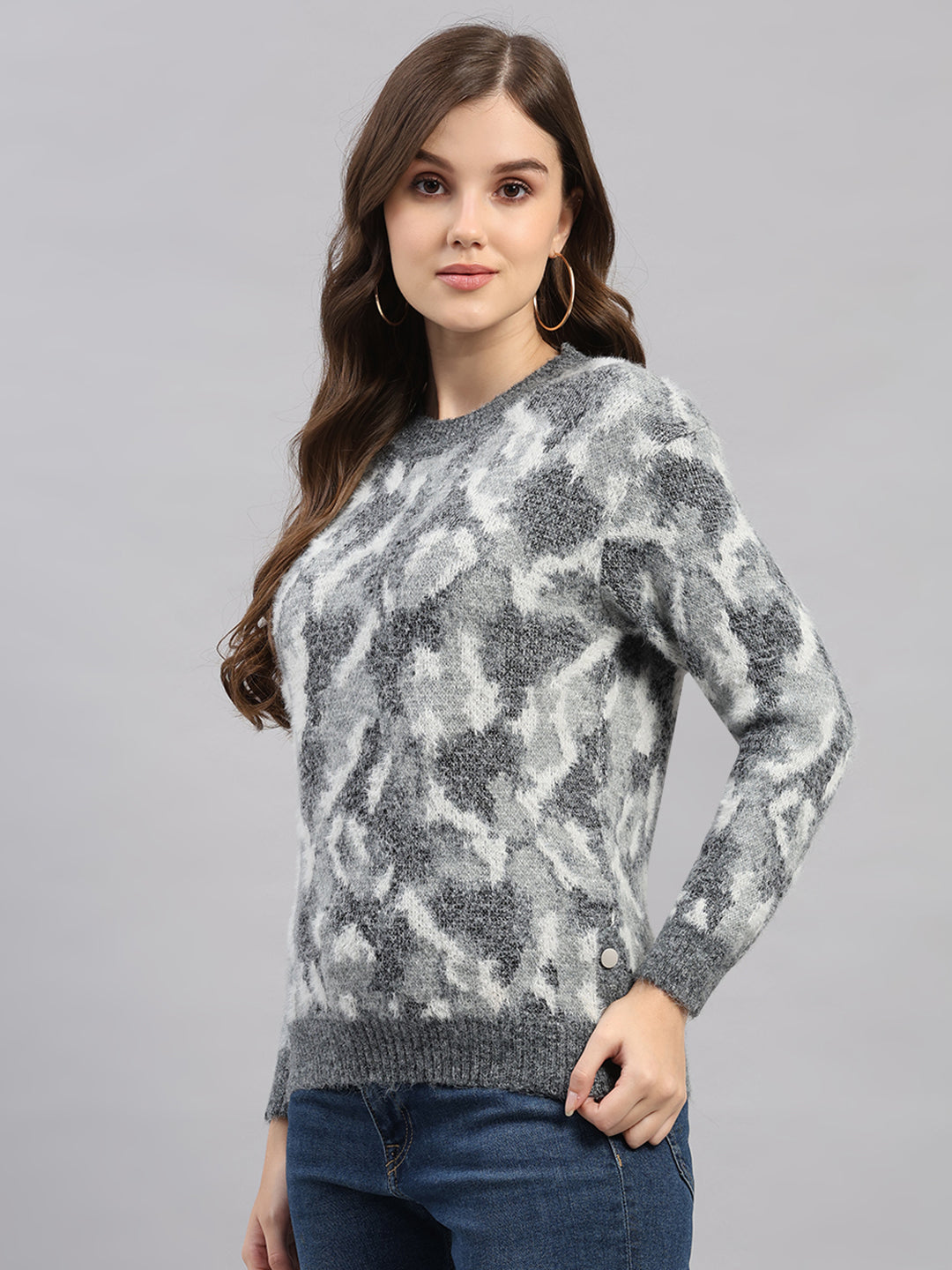 Women Light Grey Self Design Round Neck Full Sleeve Winter Top