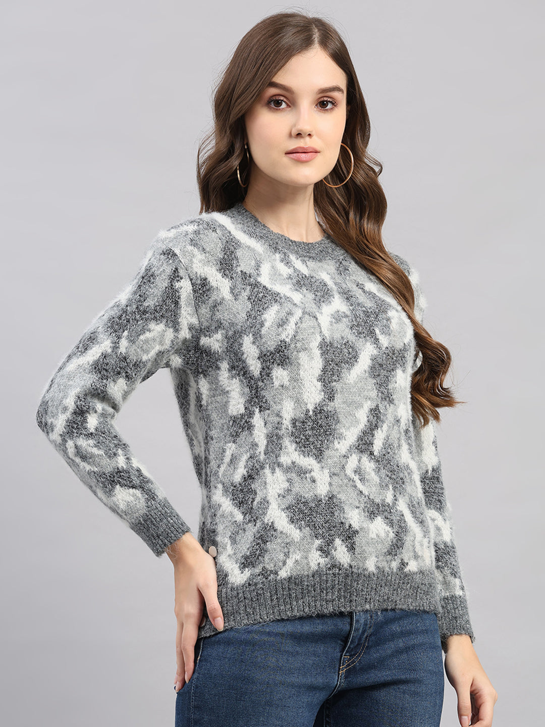 Women Light Grey Self Design Round Neck Full Sleeve Winter Top