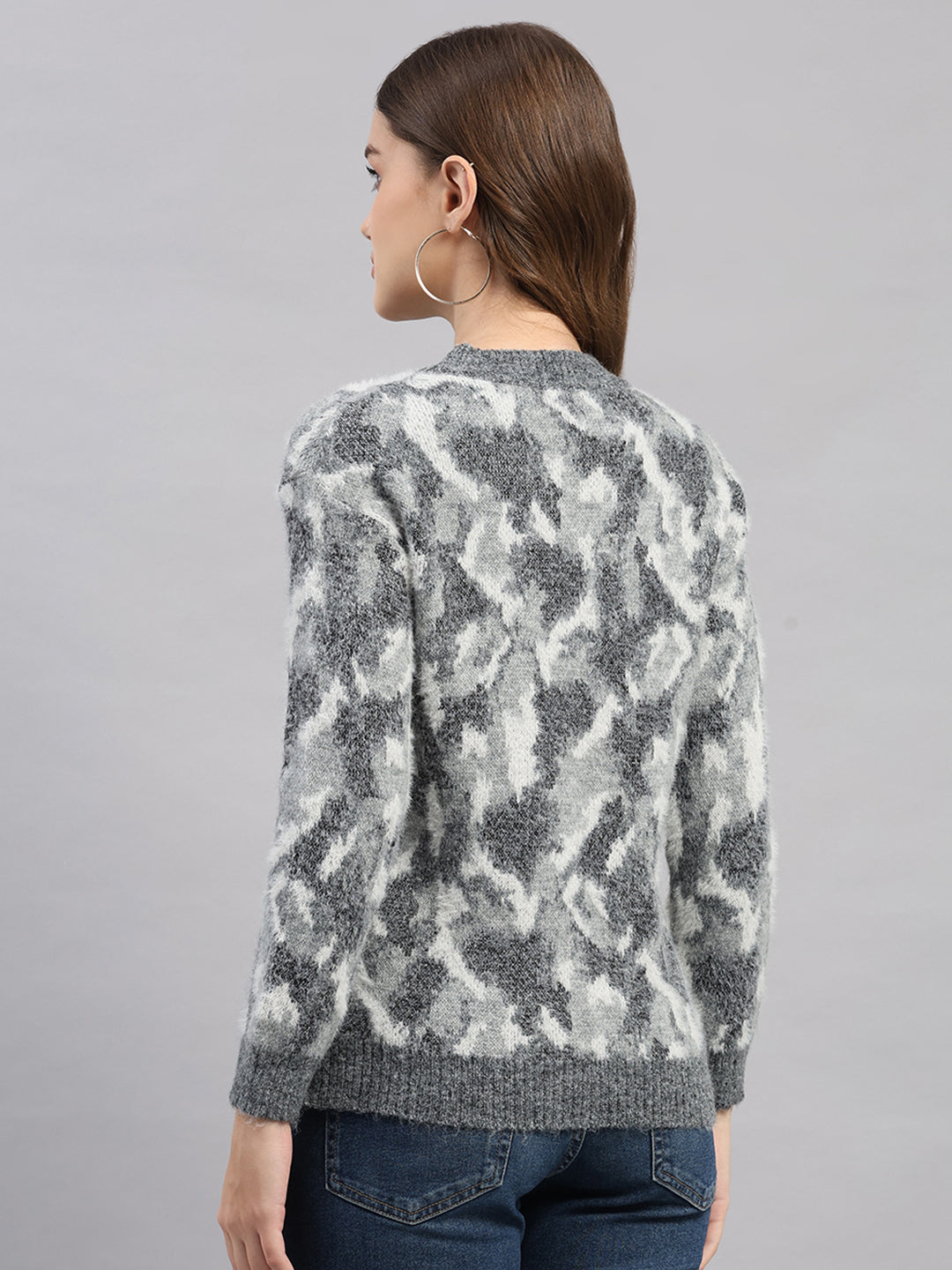Women Light Grey Self Design Round Neck Full Sleeve Winter Top