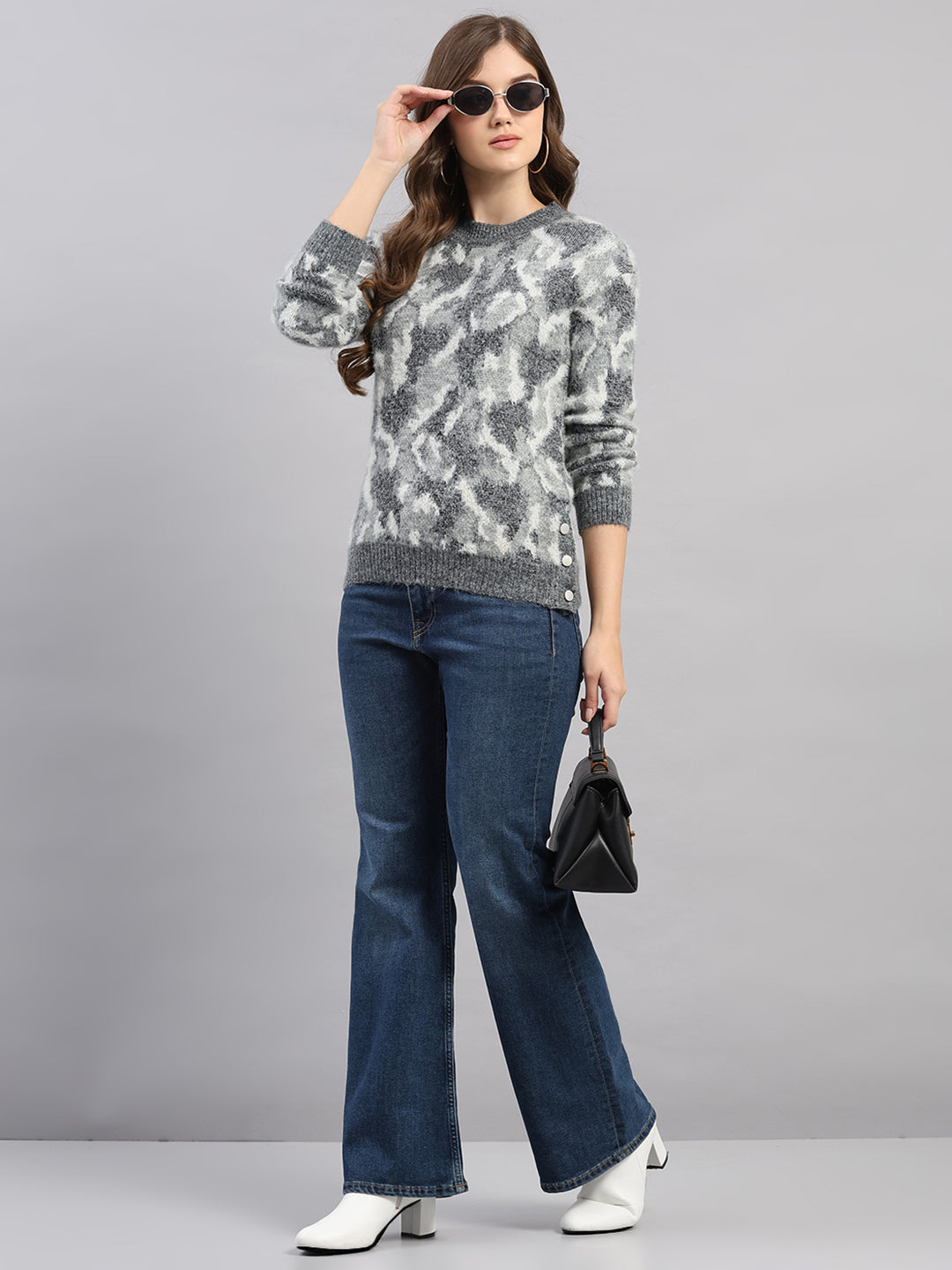 Women Light Grey Self Design Round Neck Full Sleeve Winter Top