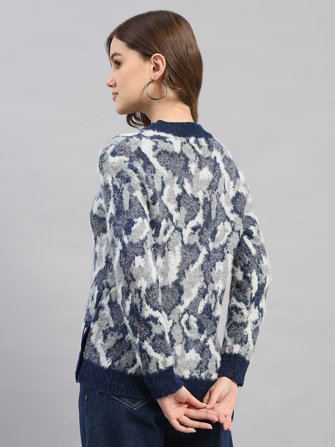 Women Multicolor Self Design Round Neck Full Sleeve Winter Top