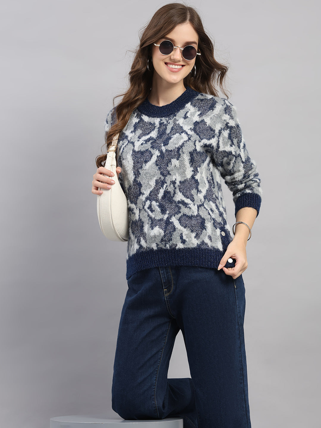 Women Multicolor Self Design Round Neck Full Sleeve Winter Top