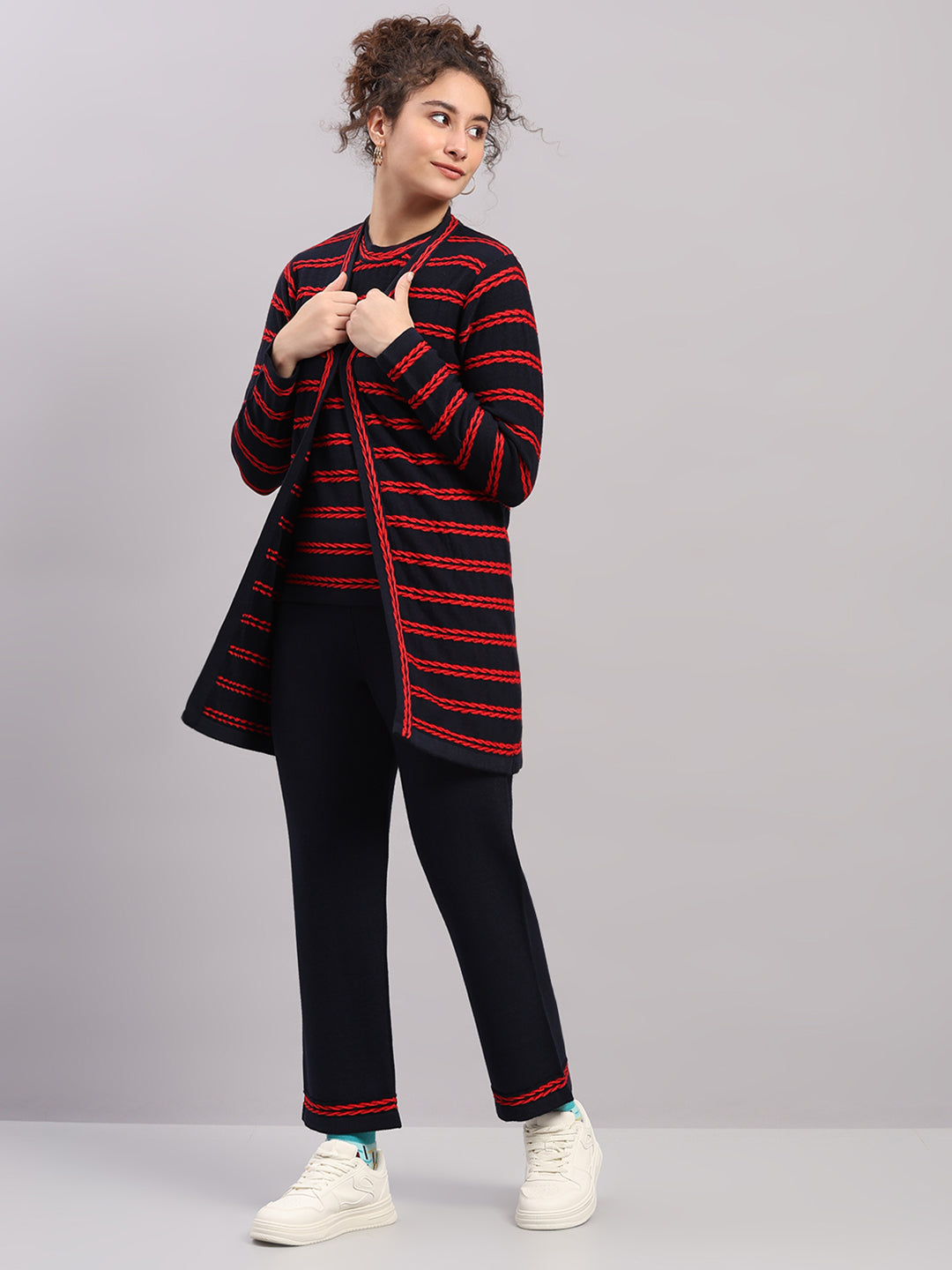 Women Navy Blue Self Design Round Neck Full Sleeve Cords Set