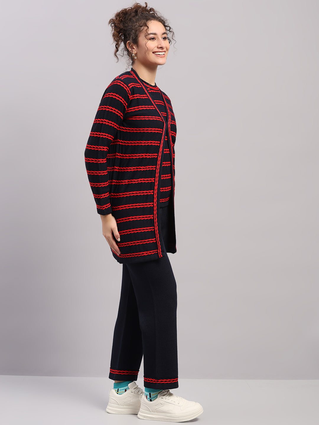 Women Navy Blue Self Design Round Neck Full Sleeve Cords Set