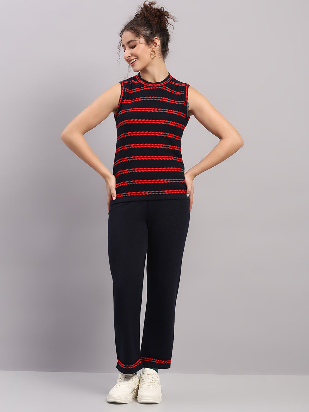 Women Navy Blue Self Design Round Neck Full Sleeve Cords Set