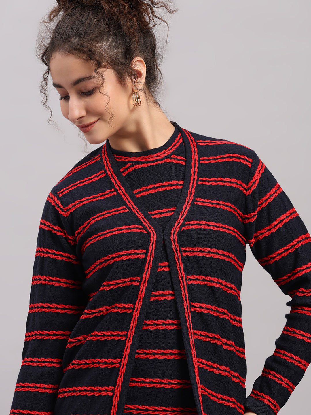 Women Navy Blue Self Design Round Neck Full Sleeve Cords Set