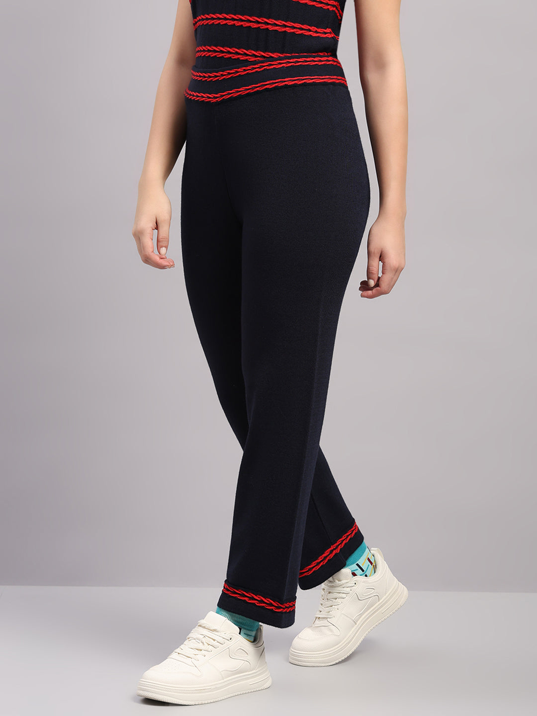 Women Navy Blue Self Design Round Neck Full Sleeve Cords Set