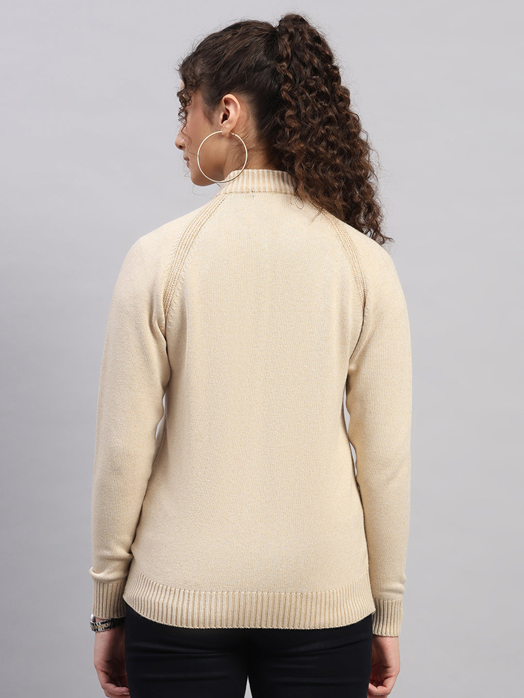 Women Beige Jaquard Round Neck Full Sleeve Cardigan