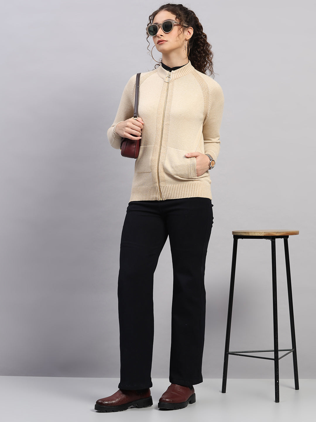 Women Beige Jaquard Round Neck Full Sleeve Cardigan
