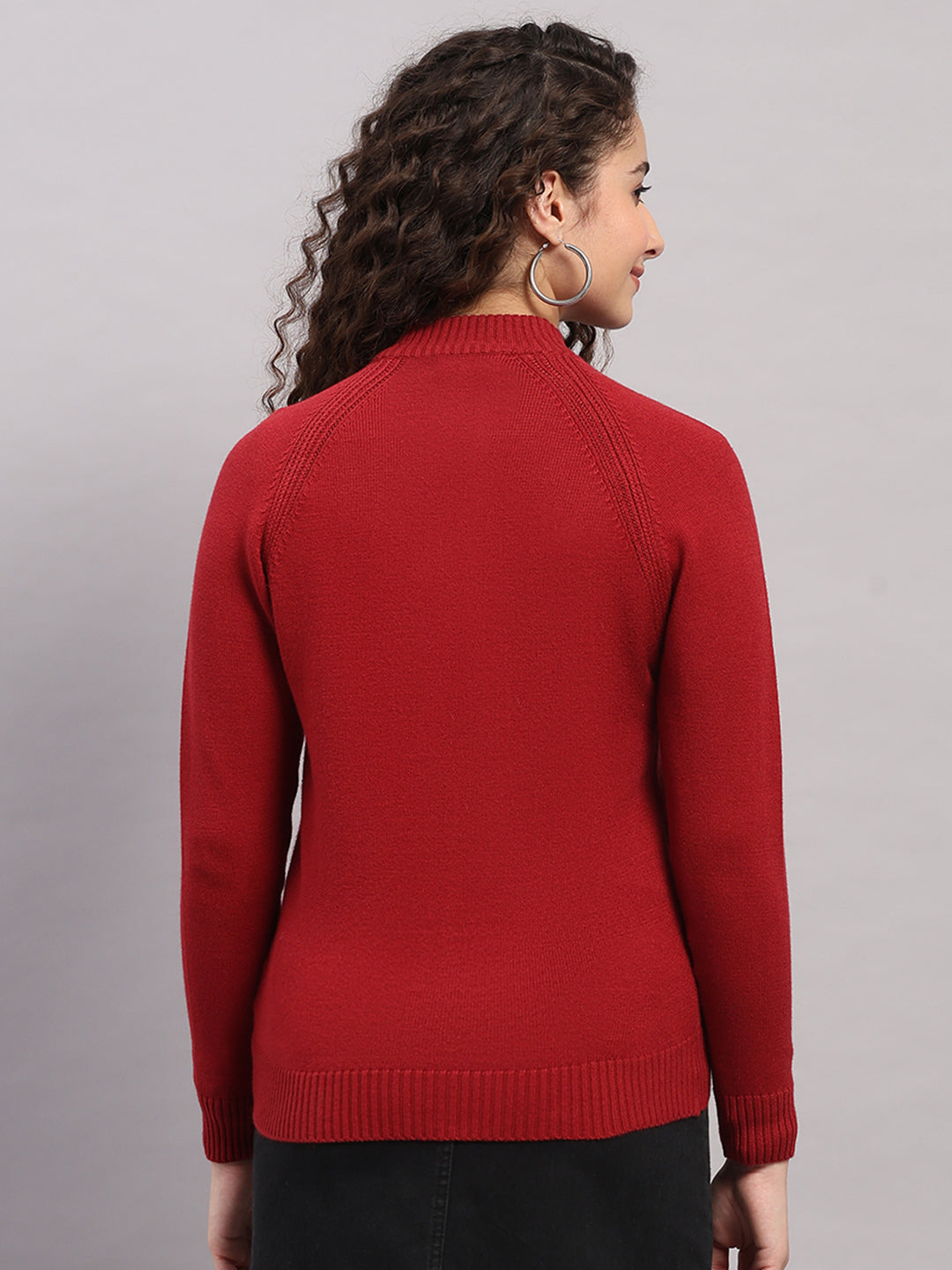 Women Red Self Design Turtle Neck Full Sleeve Cardigan