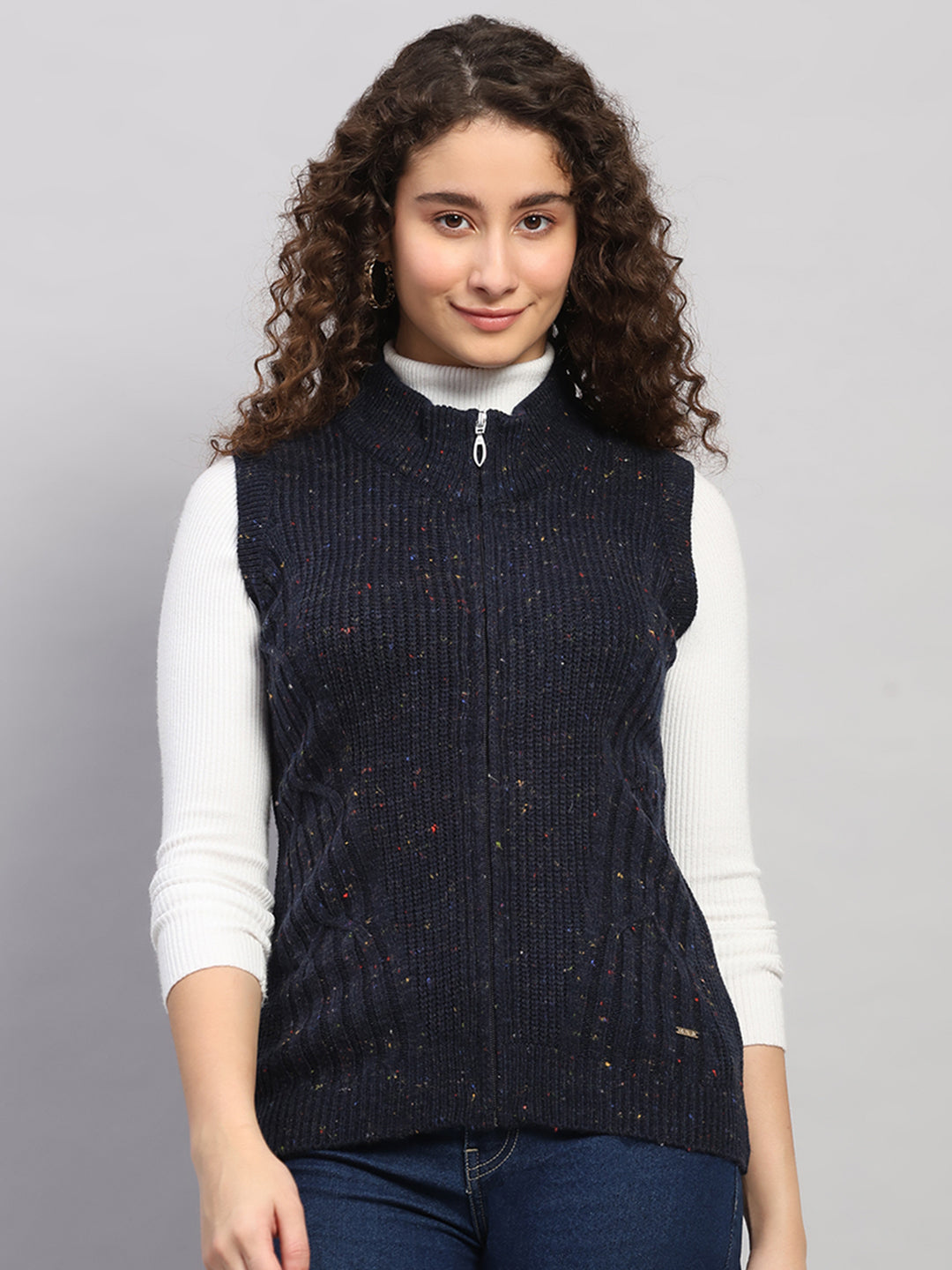 Women Navy Blue Printed Round Neck Sleeveless Cardigan
