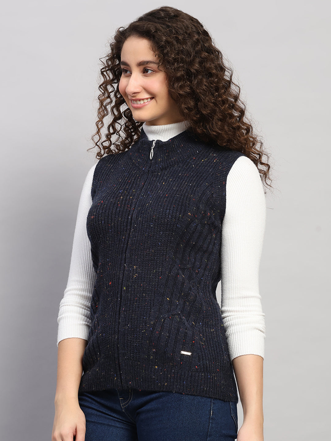 Women Navy Blue Printed Round Neck Sleeveless Cardigan