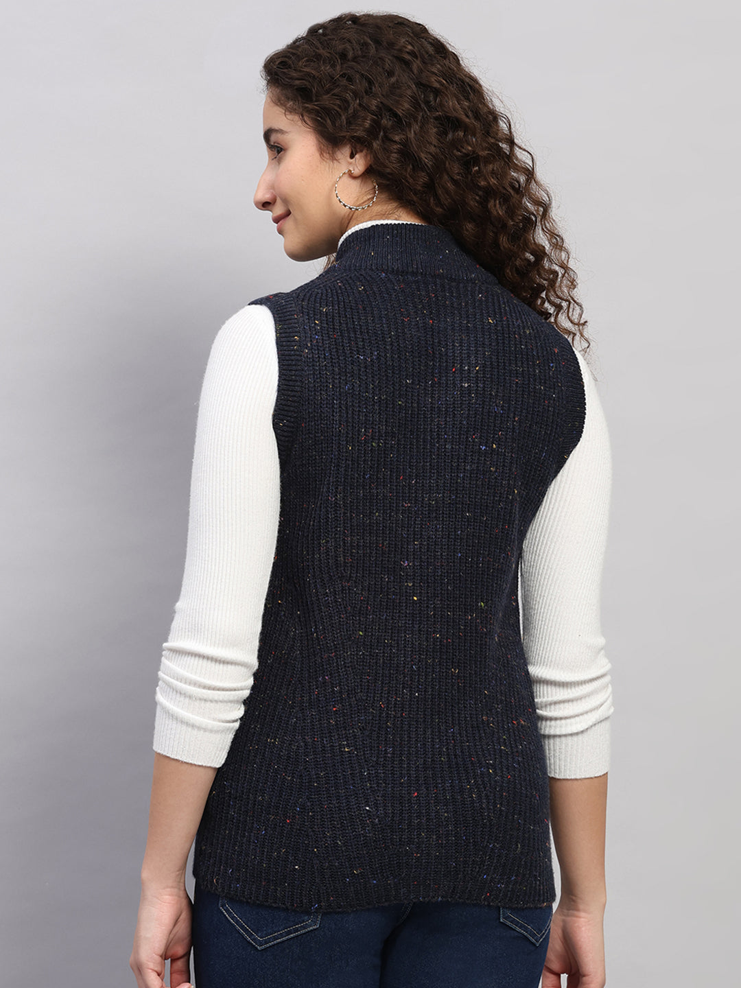 Women Navy Blue Printed Round Neck Sleeveless Cardigan