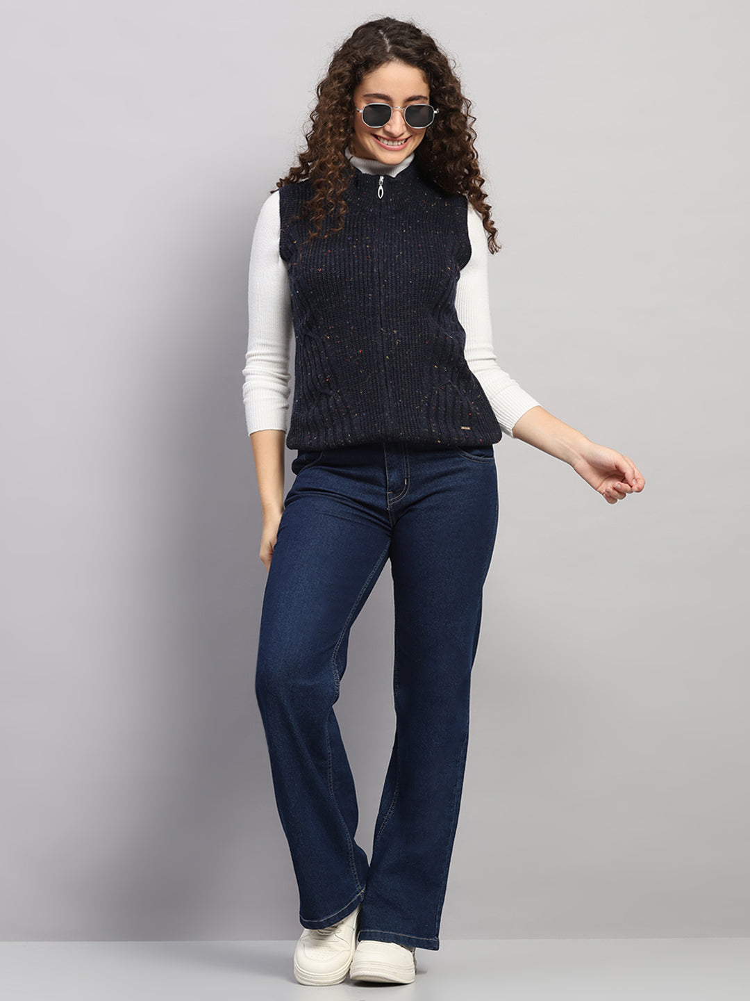 Women Navy Blue Printed Round Neck Sleeveless Cardigan