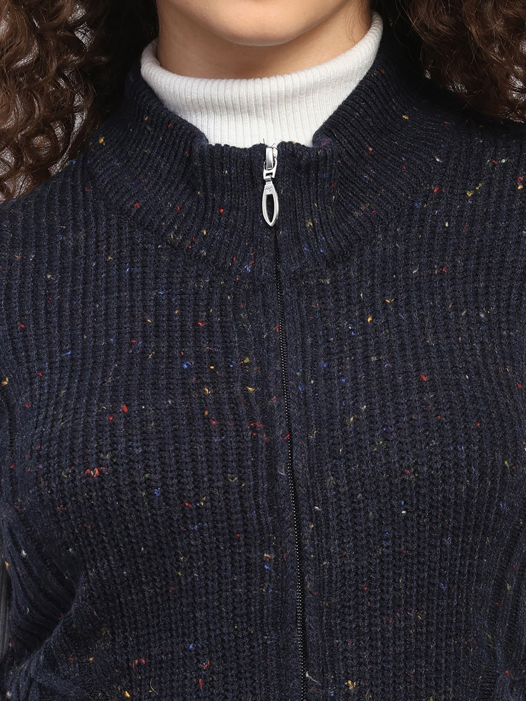 Women Navy Blue Printed Round Neck Sleeveless Cardigan