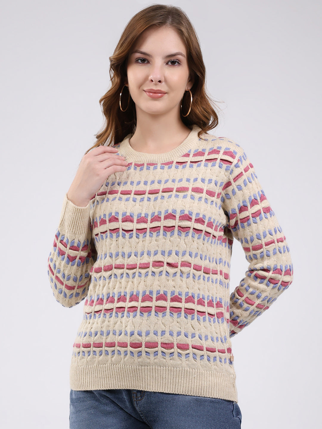 Women Beige Abstract Round Neck Full Sleeve Winter Top