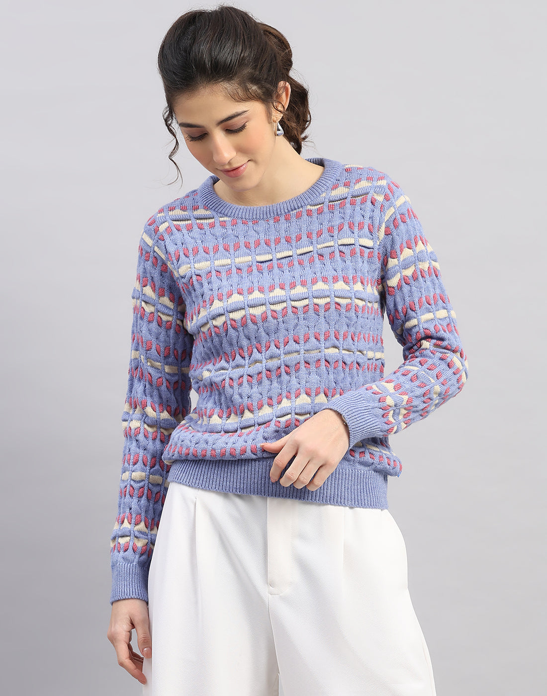 Women Light Blue Solid Round Neck Full Sleeve Winter Top