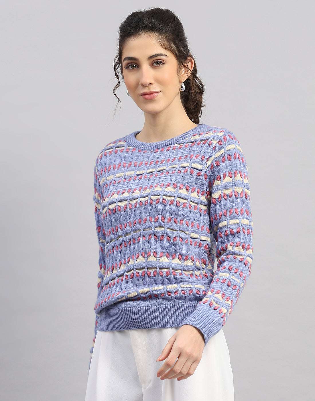 Women Light Blue Solid Round Neck Full Sleeve Winter Top